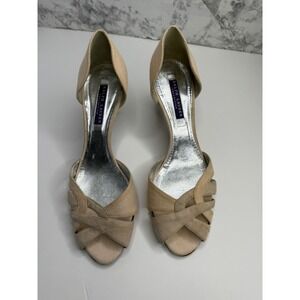 Ralph Lauren Collection Beige Linen Suede Peep Toe d'Orsay Kitten Heels‎ 8.5